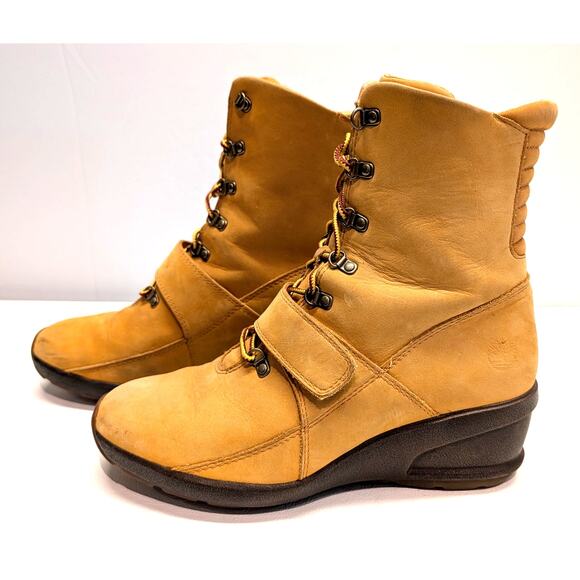 Timberland Nubuck Suede Leather Combat Boots Wedge Heel Womens 10 Tan Wheat - Picture 3 of 11